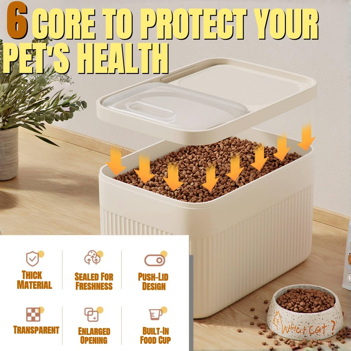 Airtight pet food storage container with measuring cup