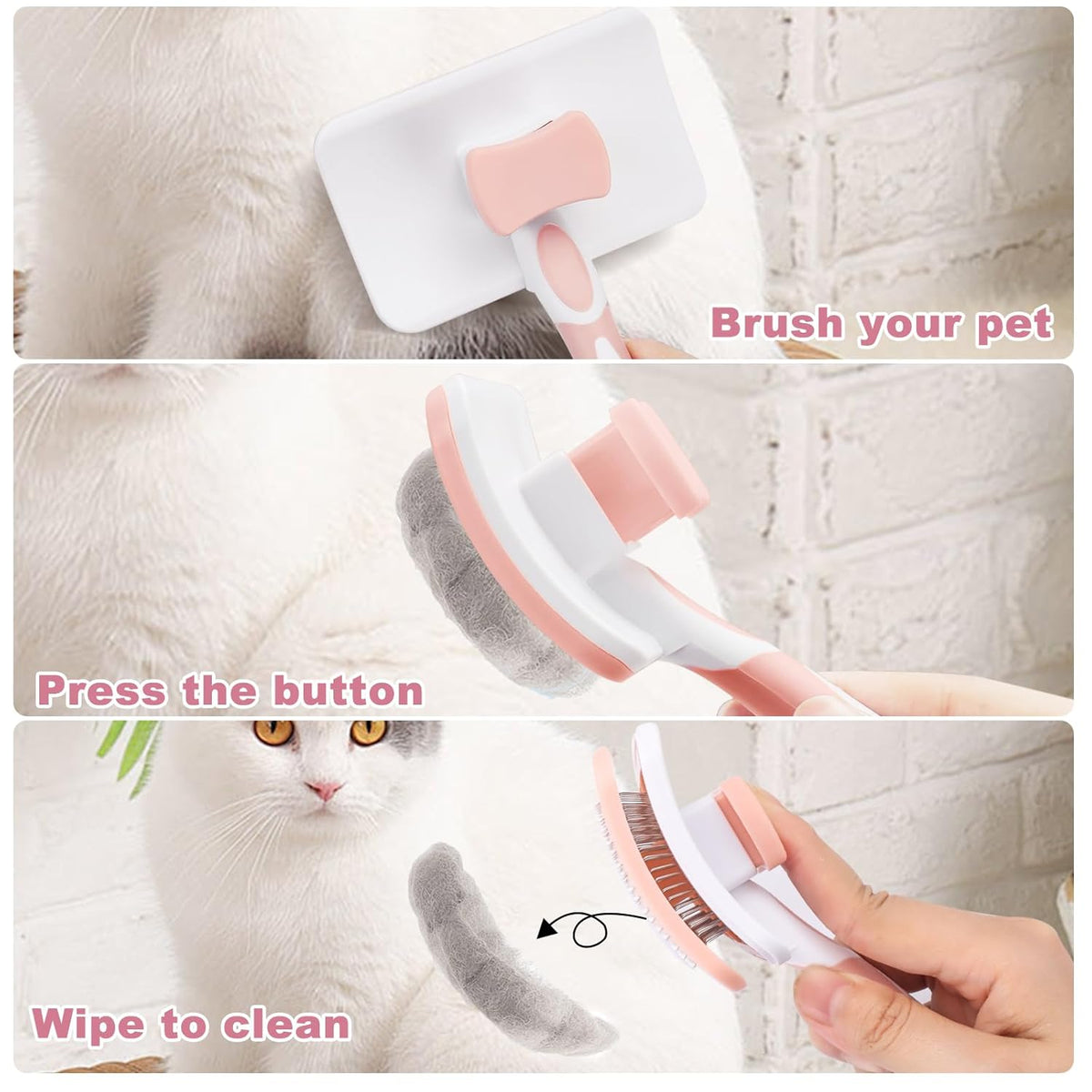 Self-cleaning slicker brush ergonomic handle