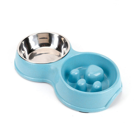 Stainless steel double bowl pet tableware slow feeder