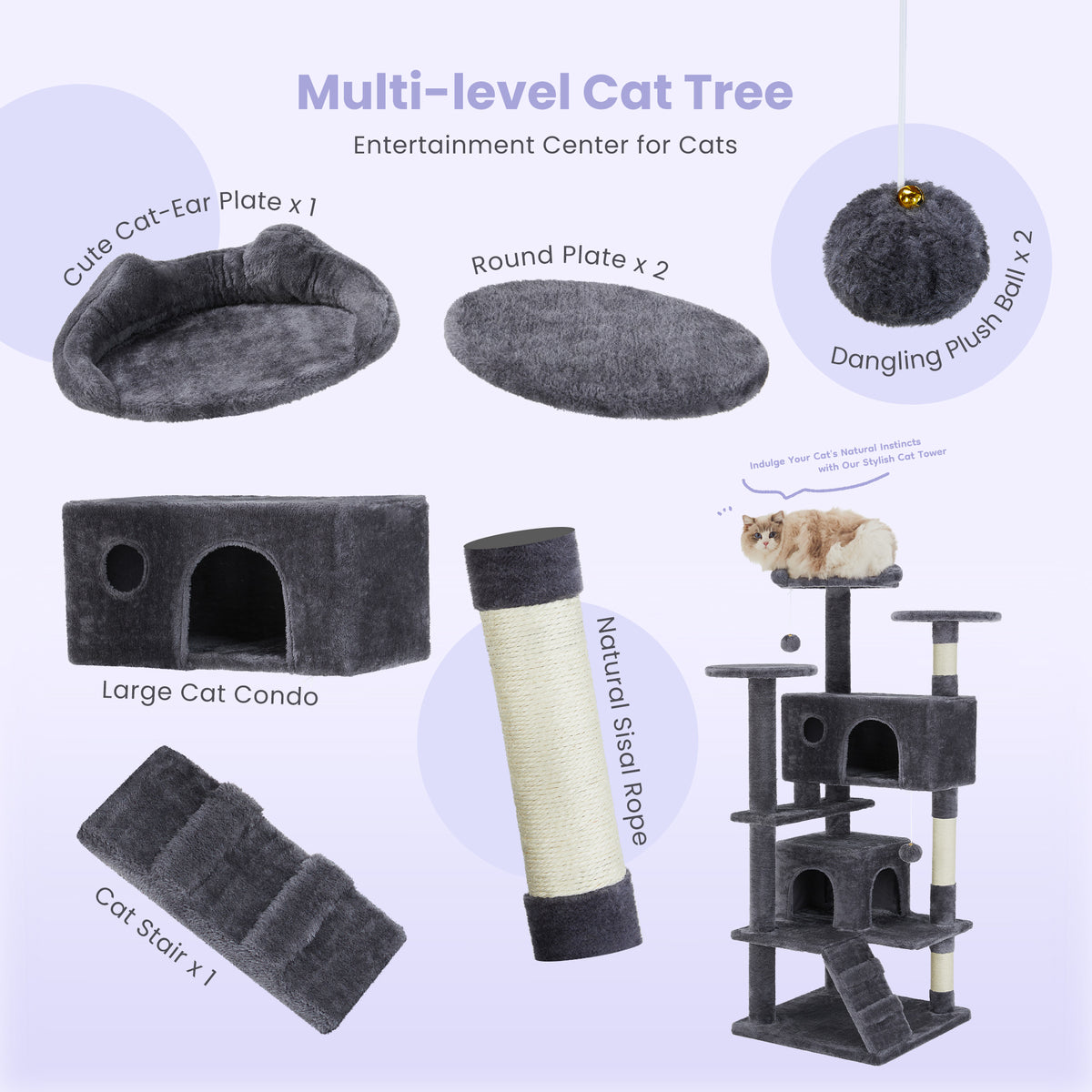 Multi-level cat tree tower with cat features like condos, plates, and a sisal rope for play and relaxation.