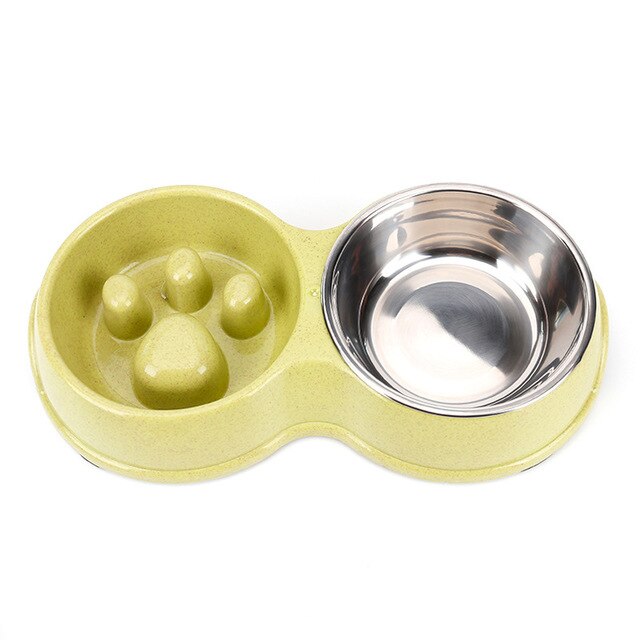 Stainless steel double bowl pet tableware slow feeder