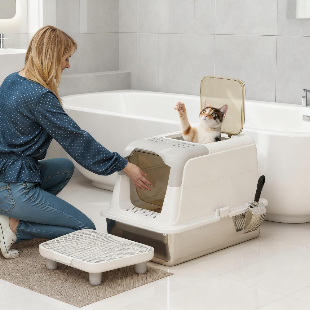 Cat litter box with scoop and deodorizer bag