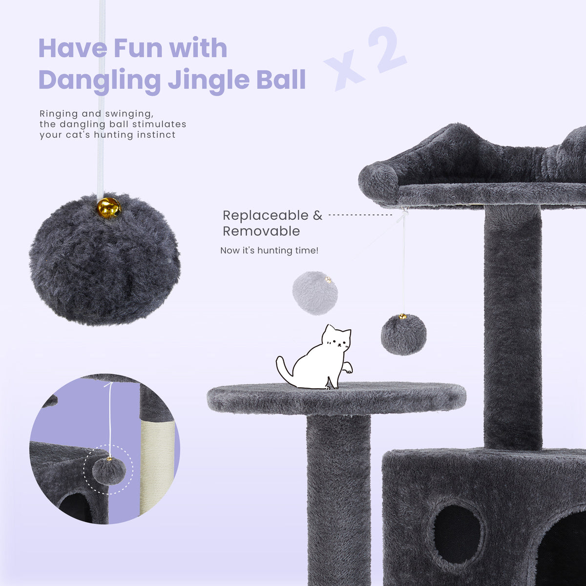 Multi-level cat tree tower featuring dangling jingle balls for added fun and stimulation for cats.