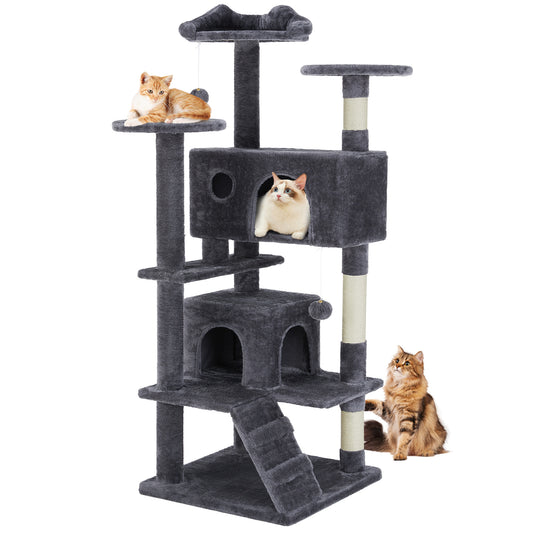 Multi-Level Cat Tree Tower featuring cats exploring and relaxing on various platforms, designed for climbing and play.